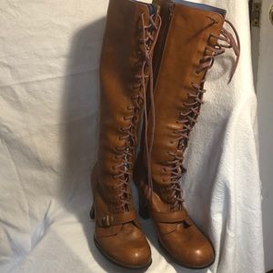 Indigo Knee Hi camel colored lace up boots
